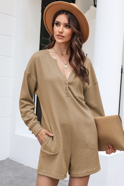 Brushed Ribbed Button Split V Neck Long Sleeve Romper